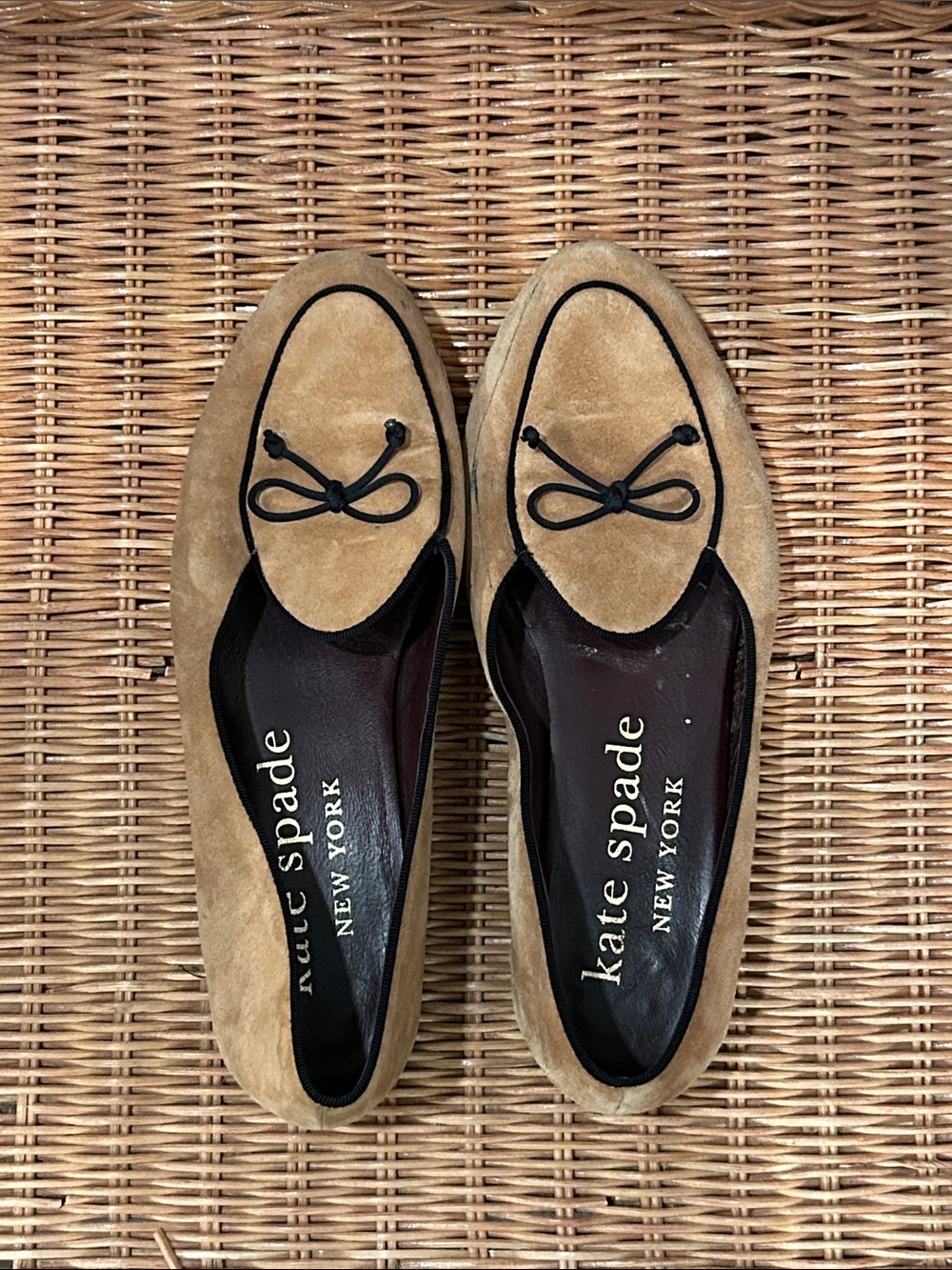 kate spade tan suede loafers with black trim